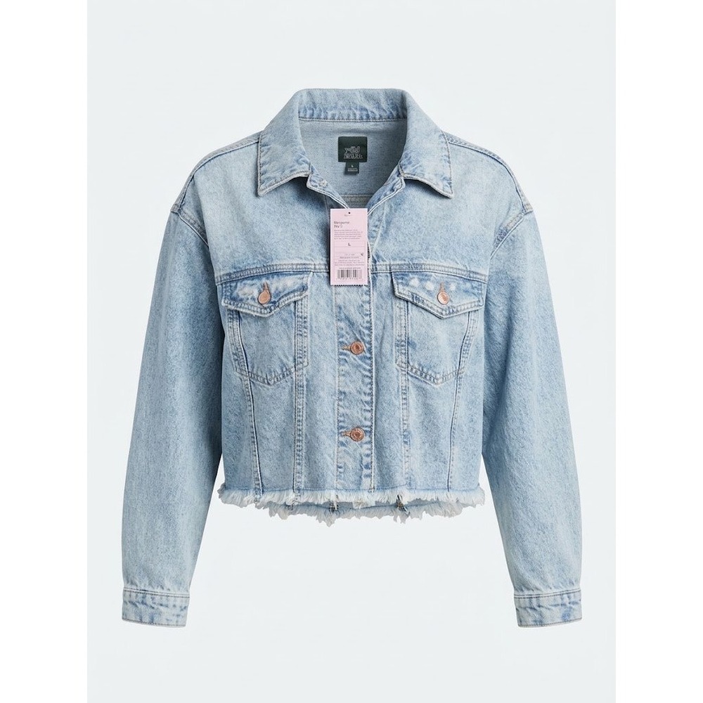 NWT Wild Fable Lt Wash Frayed Hem Recycled Cotton Denim Jacket Large 24WFJK004